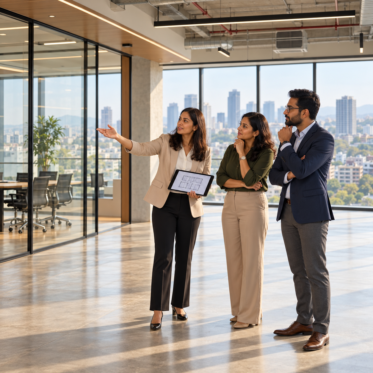 Structures & Co consultant walking a client through a vacant office floor in Pune