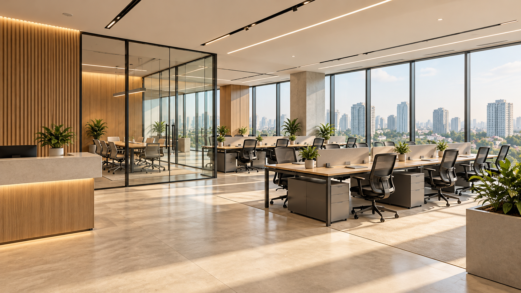 Bright Grade A office corridor with glass cabins available for lease in Pune